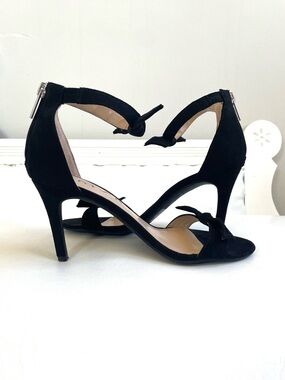 FAUX SUEDE BLACK OPEN TOE SANDAL SHOE HIGH HEEL ZIPPER BOWS ANKLE STRAP UNISO